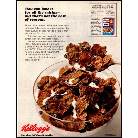 1971 Kellogg's Raisin Bran Cereal Vintage Print Ad Glass Bowl Breakfast Wall Art - Picture 1 of 1